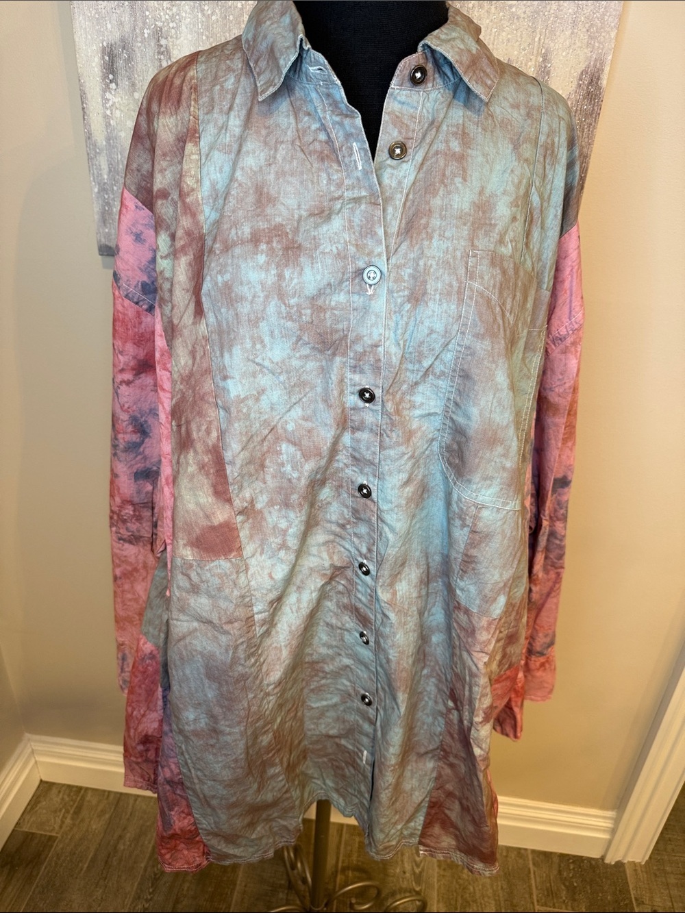 We The Free Oversized Tie-Dye Lightweight Button-Up Shirt - Blue & Pink size Med